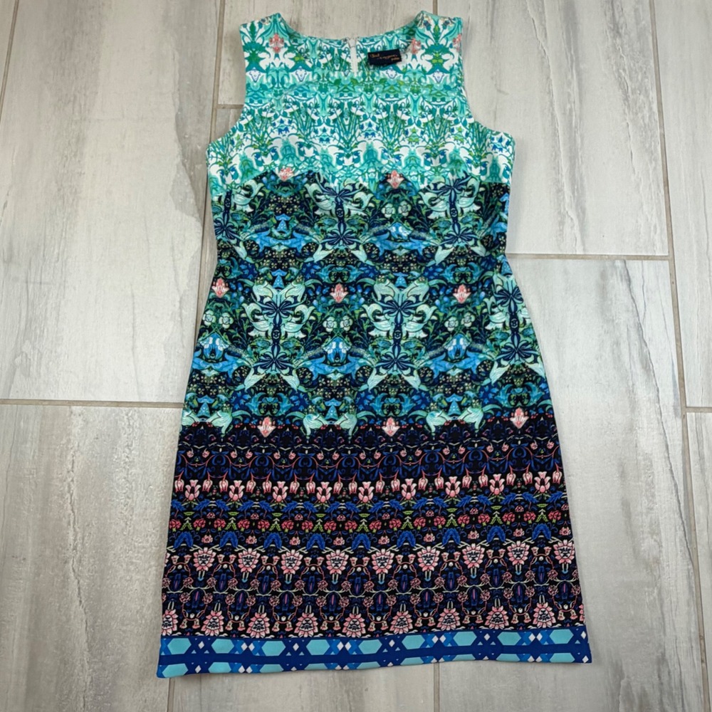 Just Taylor Petite Sleeveless Shift Dress 6P Blue Teal Floral Damask Print Mini